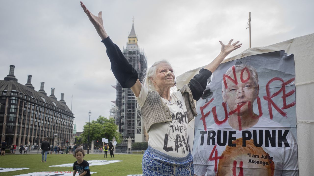 Dame Vivienne Westwood joins protestors in holding a picnic in honour of Julian Assange&#039;s 50th birthday at Parliament Square on July 03, 2021 in London