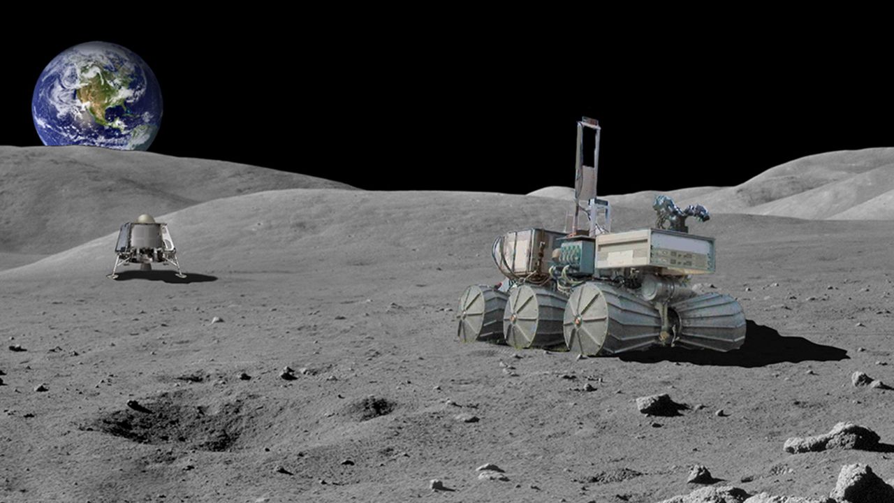 An artist's concept of a Ceres Robotics moon lander and lunar rover on the moon's surface.