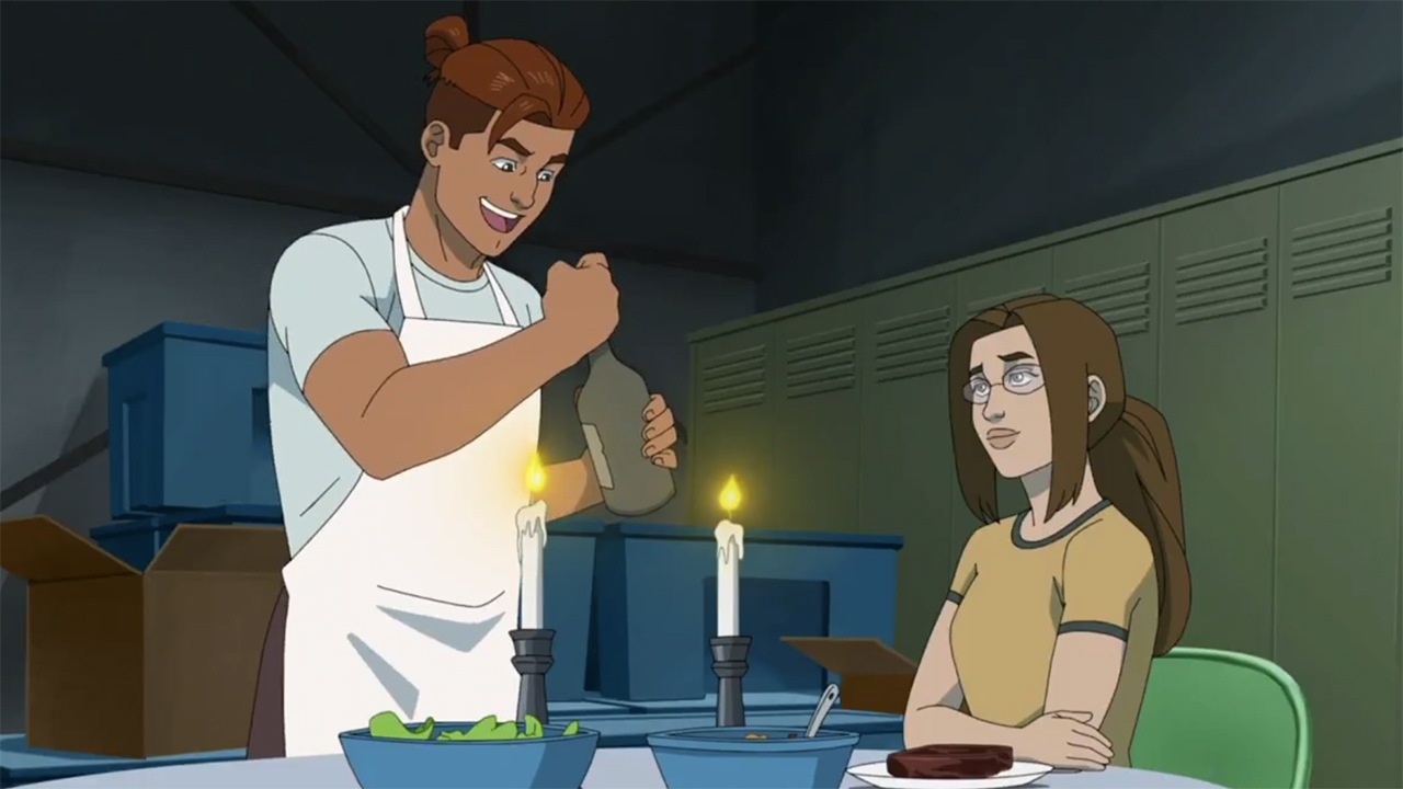 Rex pours Rae a glass of wine in Invincible season 3 episode 5