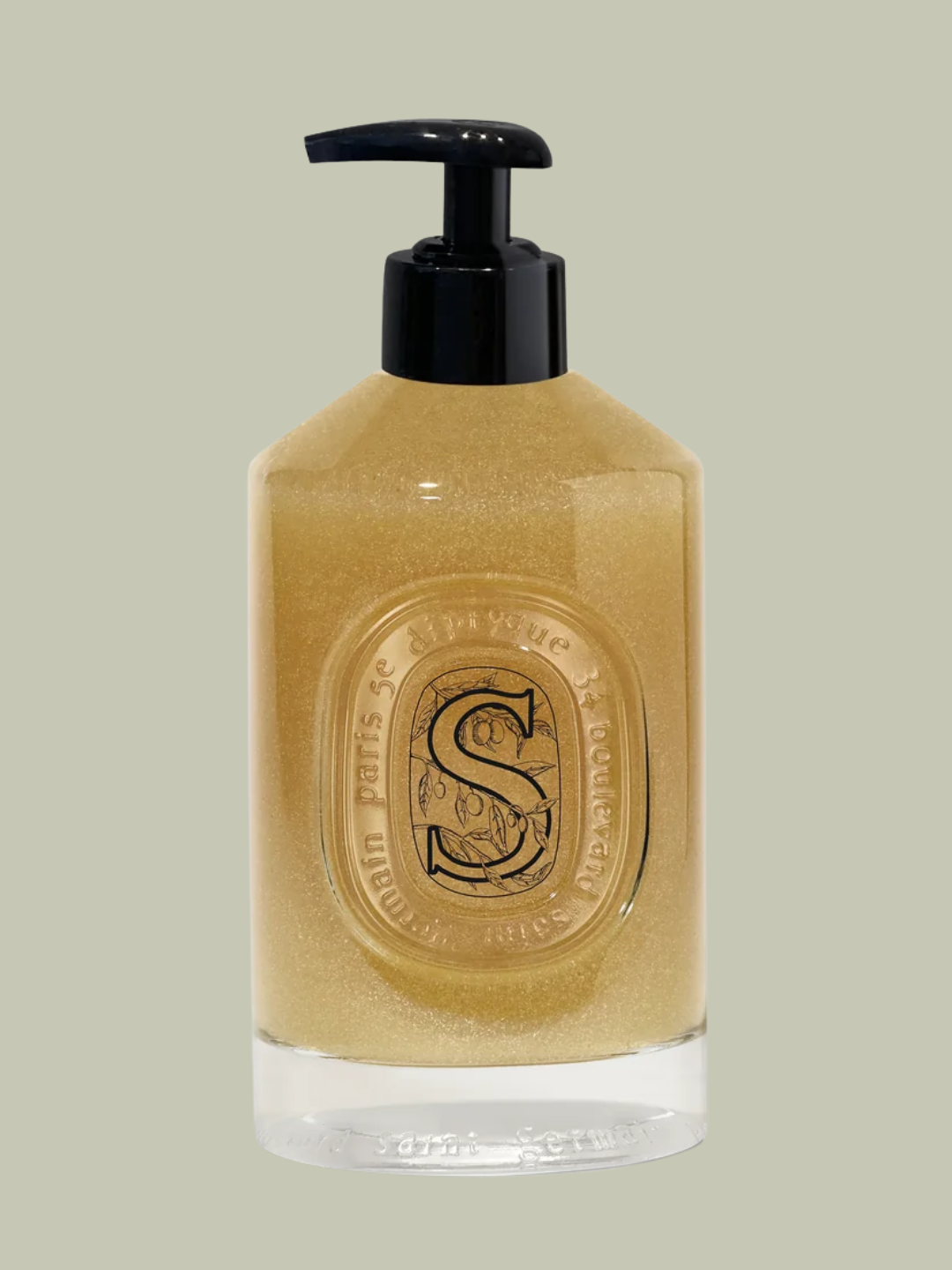 A glass bottle of exfoliating hand wash from Diptyque