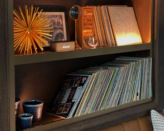 Lauren Jayne Design's wall cubby with vinyl records and trinkets