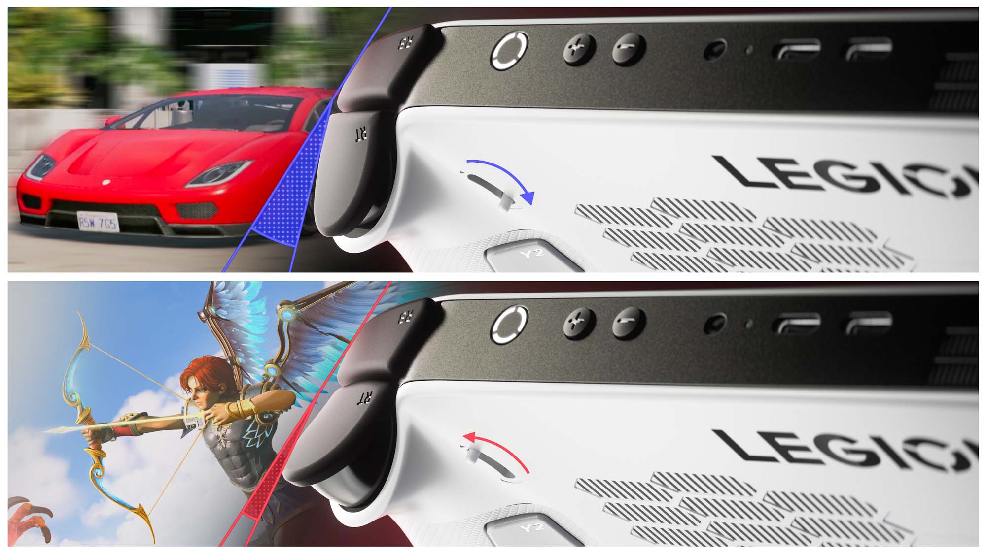 A split image showing the Lenovo Legion Go S back trigger switches being changed. 