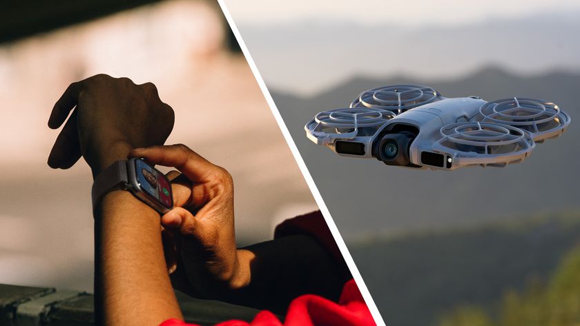 DJI Neo 2 drone in flight and Apple Watch on user&#039;s wrist