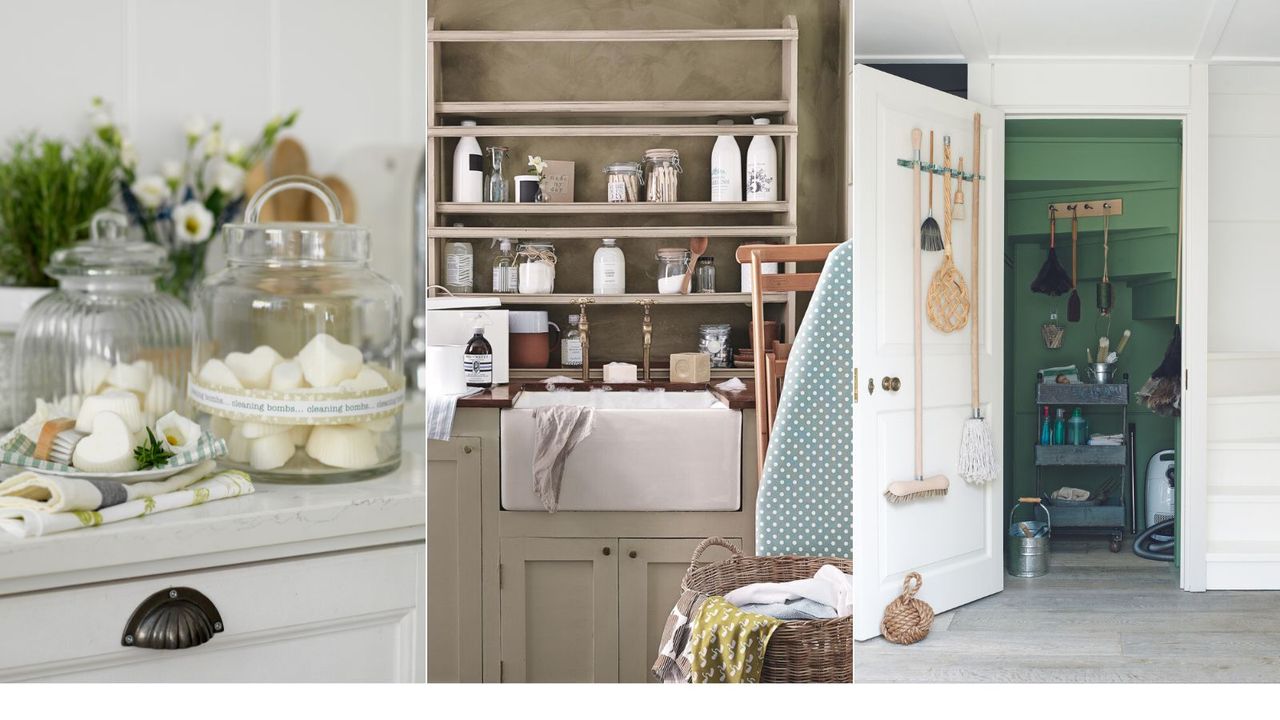 A collation of three images showing cleaning bombs, a kitchen sink with cleaning organization, and an understairs cleaning cupboard