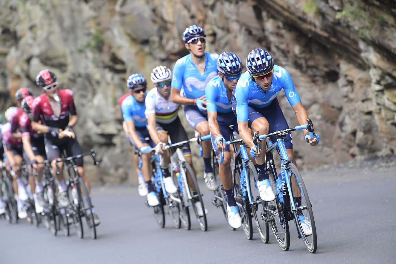 Movistar lead the peloton on the lower slopes of the Tourmalet