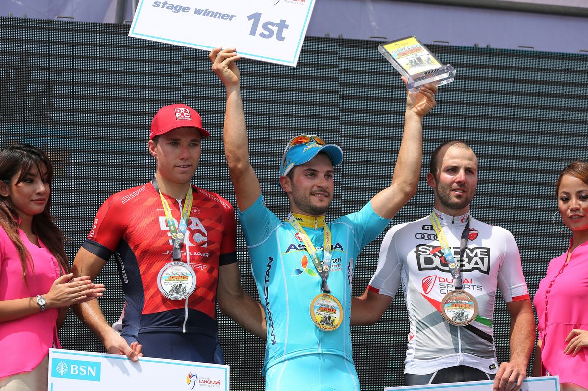 Brenton Jones (Drapac) on the podium after finishing second