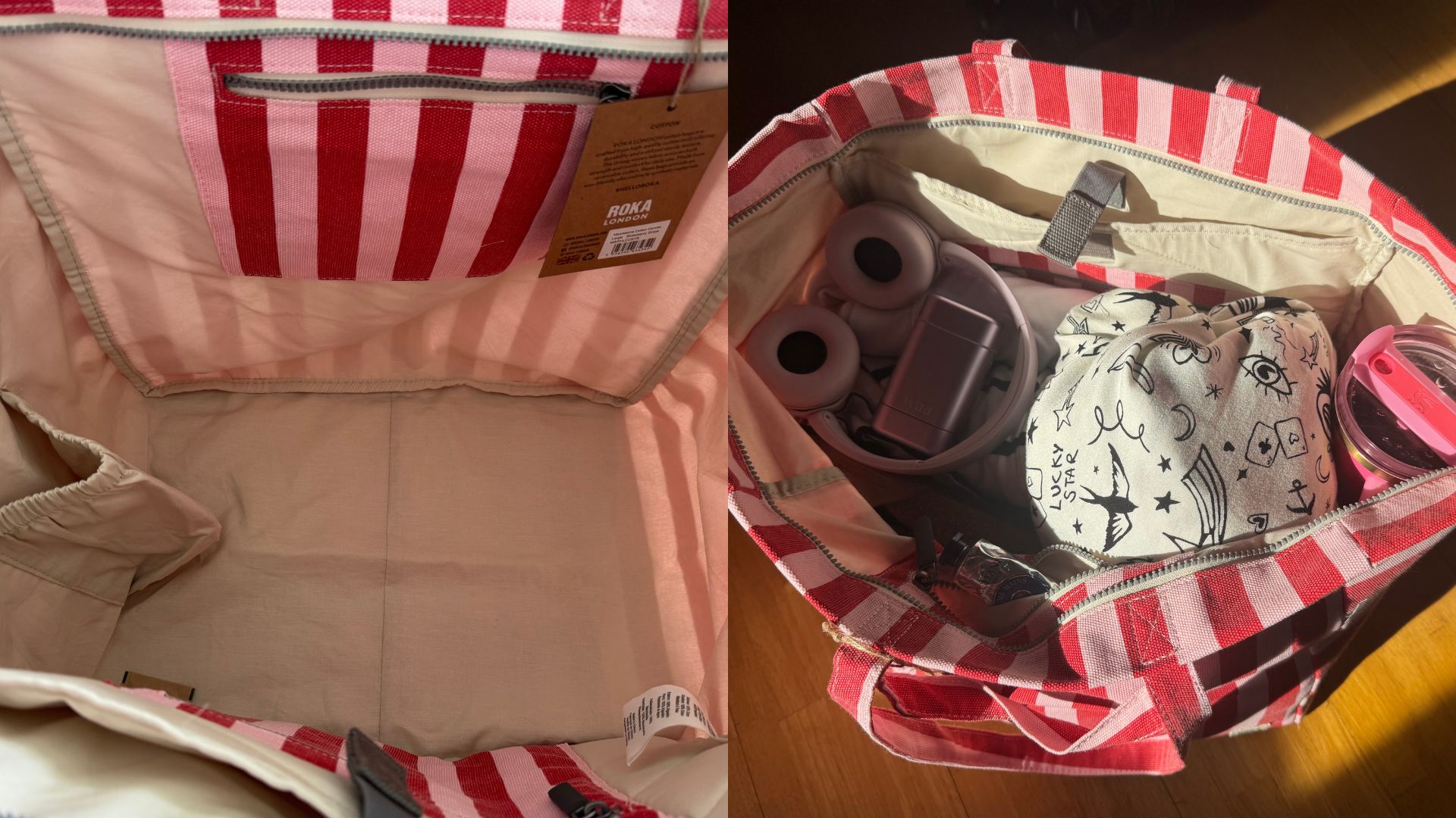 Two interior shots of the Roka London Marylebone Tote Bag, demonstrating how spacious it is both before and after packing