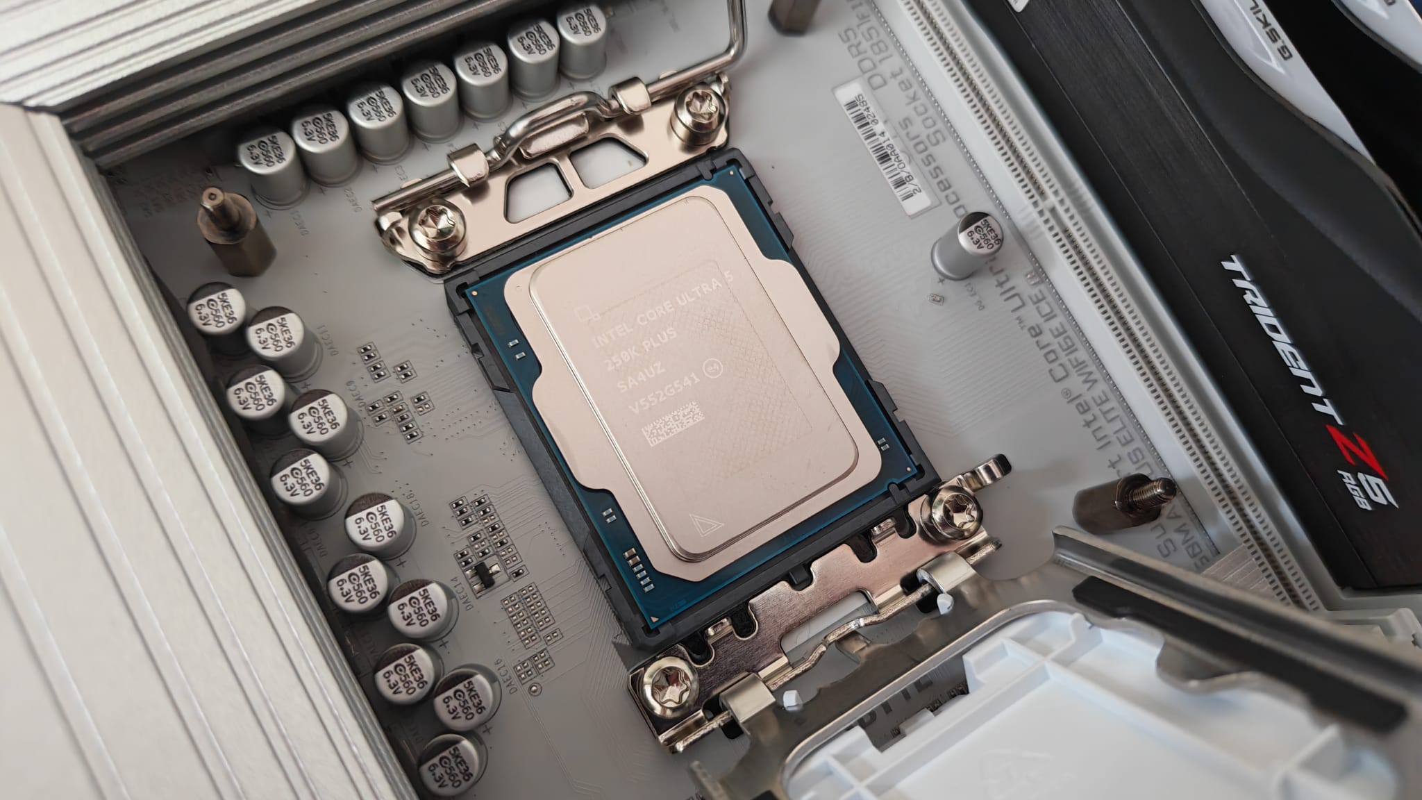 The Intel Core Ultra 5 250K Plus seated on a motherboard