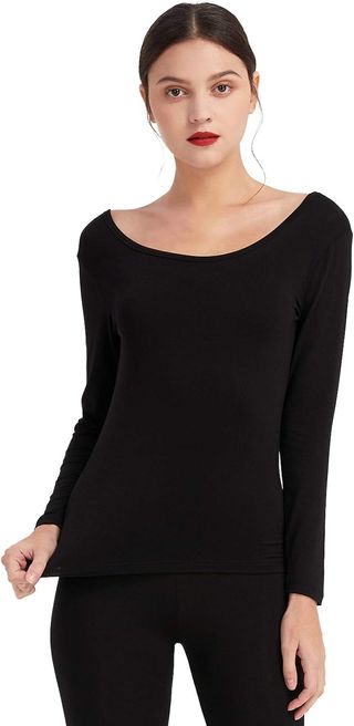 Mcilia Women's Ultrathin Modal Thermal Baselayer Top Scoop Neck Long Sleeve Undershirt Black Small (us Size 2 4 6)