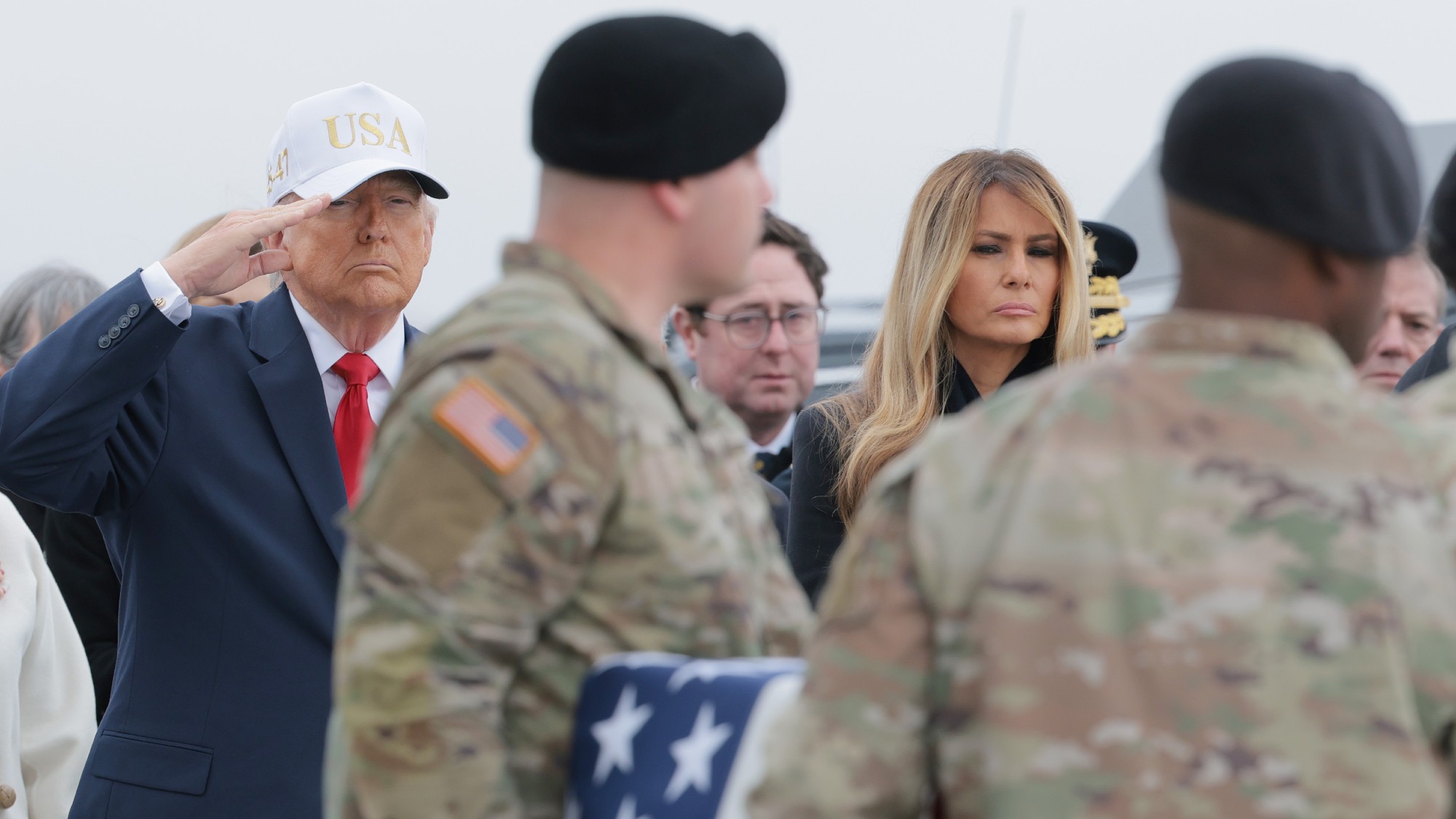 Donald Trump and Melania Trump at a dignified transfer for soldiers killed in Iranian strikes