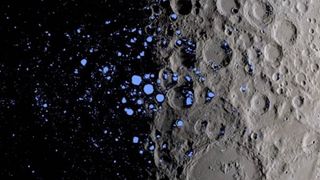 A map showing the permanently shadowed craters (blue) near the moon's south pole