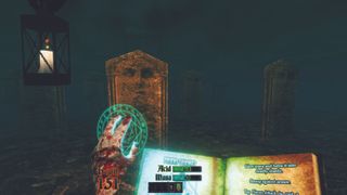 Fantasy FPS boomer shooter Coven being played showing a witch using the book of the dead to cast spells.