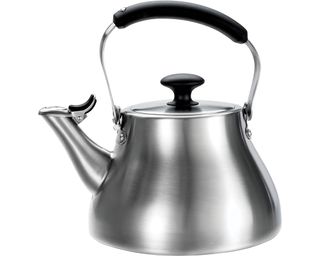 OXO brew classic stainless steel tea kettle with black rubber-sleeved handle