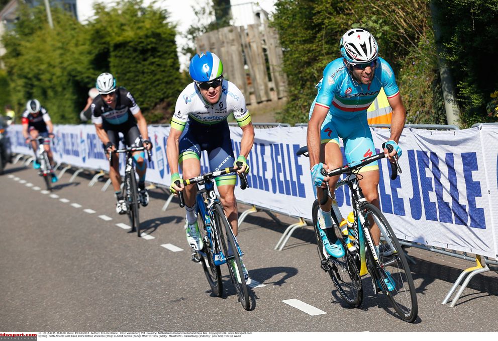 Vincenzo Nibali (Astana) leads Simon Clarke (Orica GreenEdge)
