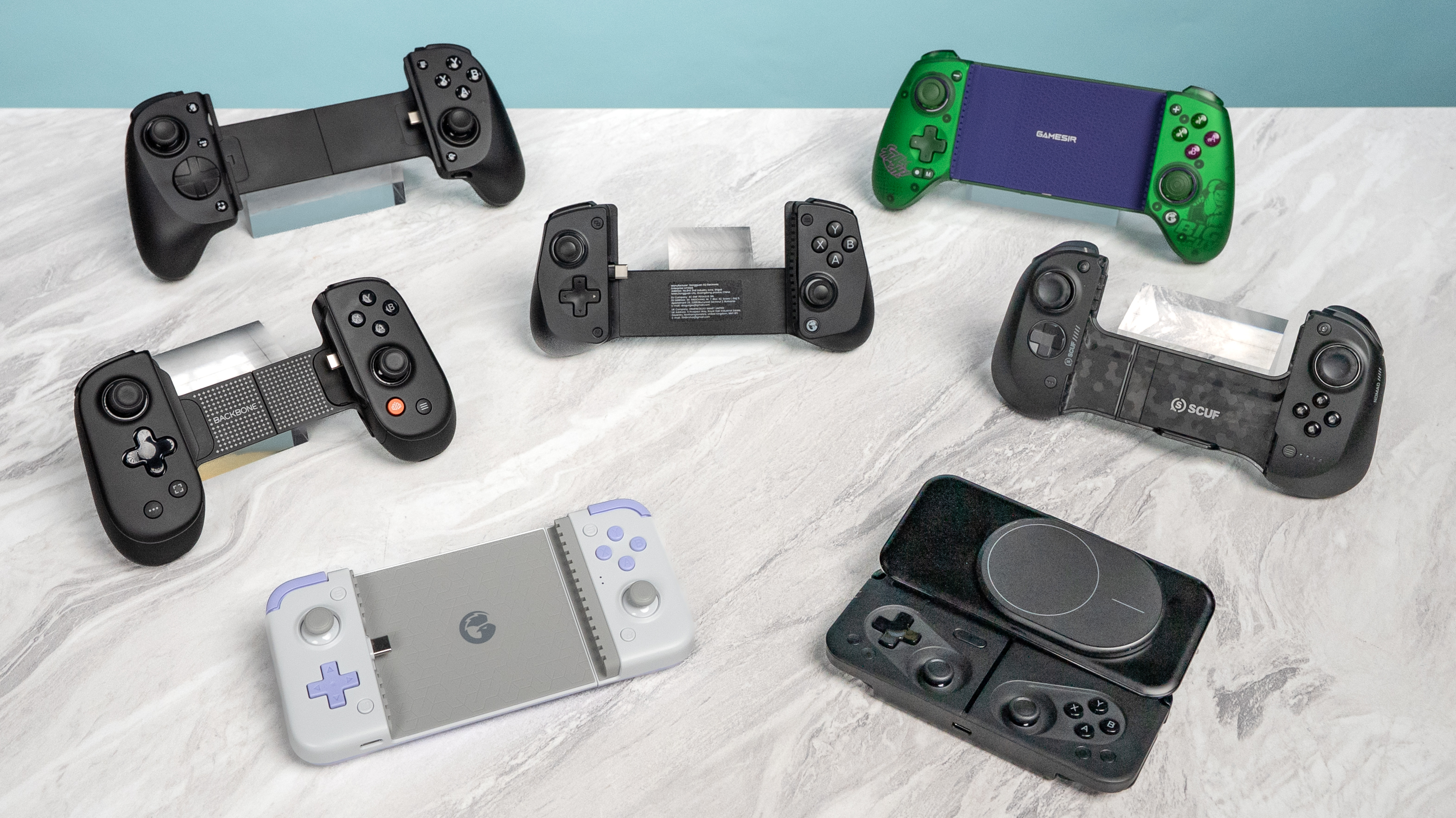 A selection of mobile gaming controllers