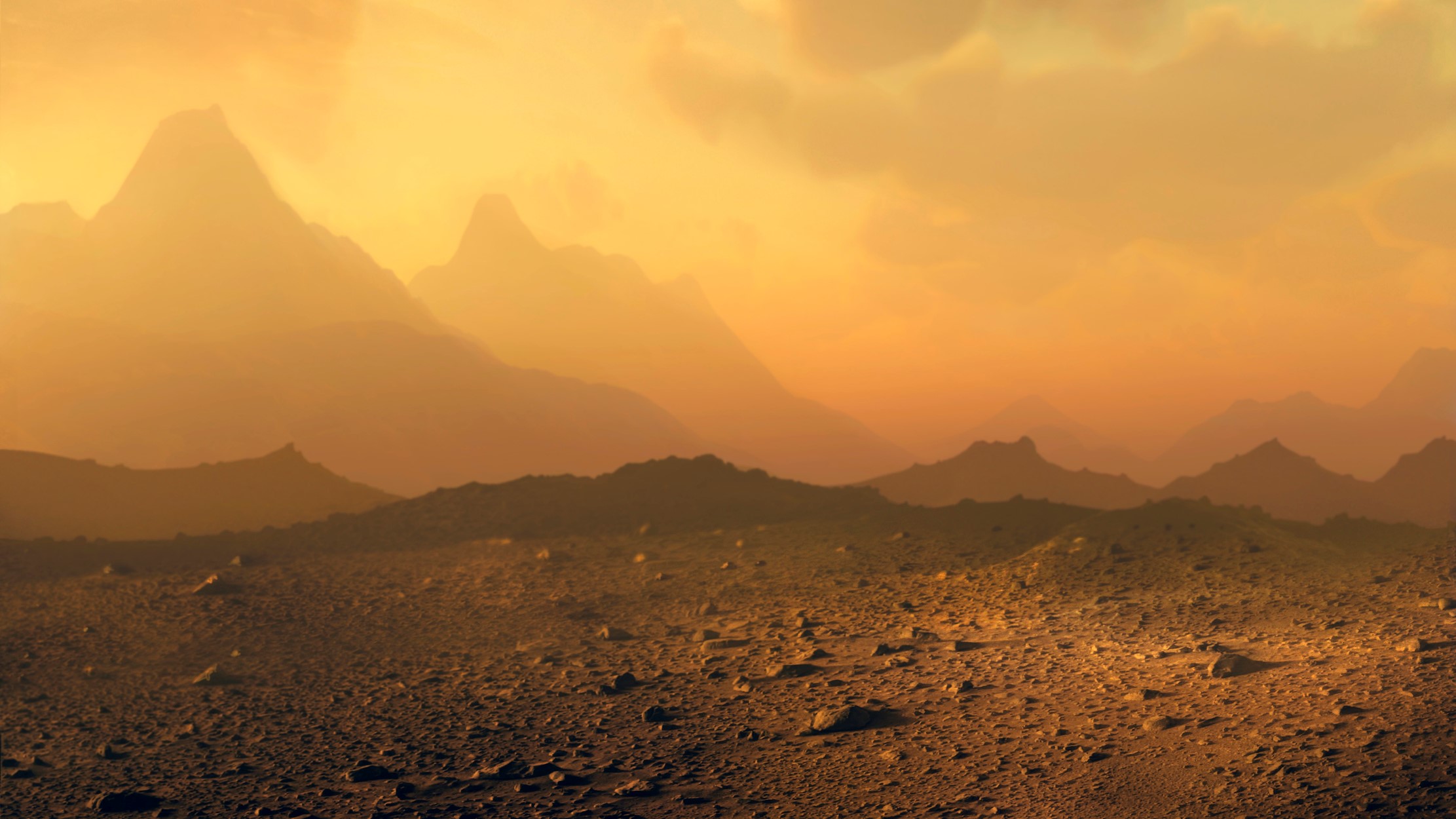 Artist's illustration of the surface of Venus. A yellow-hued image has a barren surface with small rocks in the foreground and a thick hazy atmosphere above.