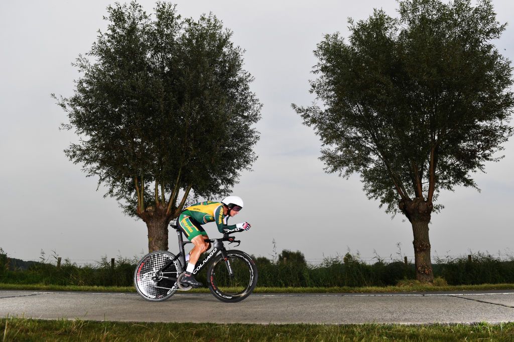 BRUGES BELGIUM SEPTEMBER 19 Ryan Gibbons of South Africa sprints during the 94th UCI Road World Championships 2021 Men Elite ITT a 433km Individual Time Trial race from KnokkeHeist to Bruges flanders2021 ITT on September 19 2021 in Bruges Belgium Photo by Tim de WaeleGetty Images