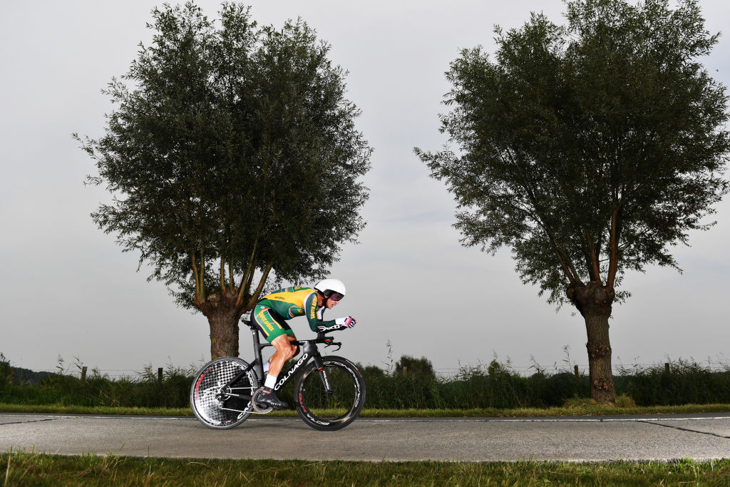 BRUGES BELGIUM SEPTEMBER 19 Ryan Gibbons of South Africa sprints during the 94th UCI Road World Championships 2021 Men Elite ITT a 433km Individual Time Trial race from KnokkeHeist to Bruges flanders2021 ITT on September 19 2021 in Bruges Belgium Photo by Tim de WaeleGetty Images