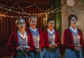 Laura Main as Shelagh, Helen George as Trixie, Leonie Elliott as Lucille and Jennifer Kirby as Valerie in Call the Midwife Christmas special