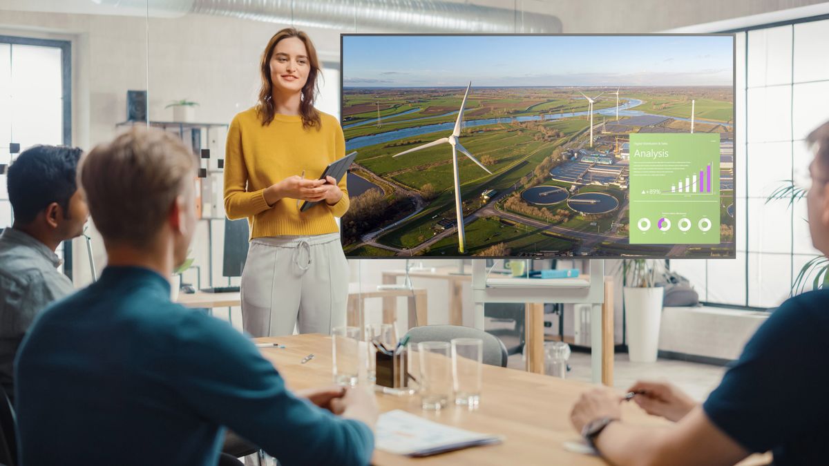 A woman stands in front of an extra-large Sharp/NEC display in a conference room meeting. 