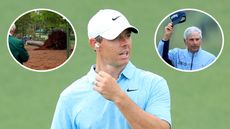 Rory McIlroy wearing a mic at the 2023 Masters, with insets of the fallen trees and Fred Couples