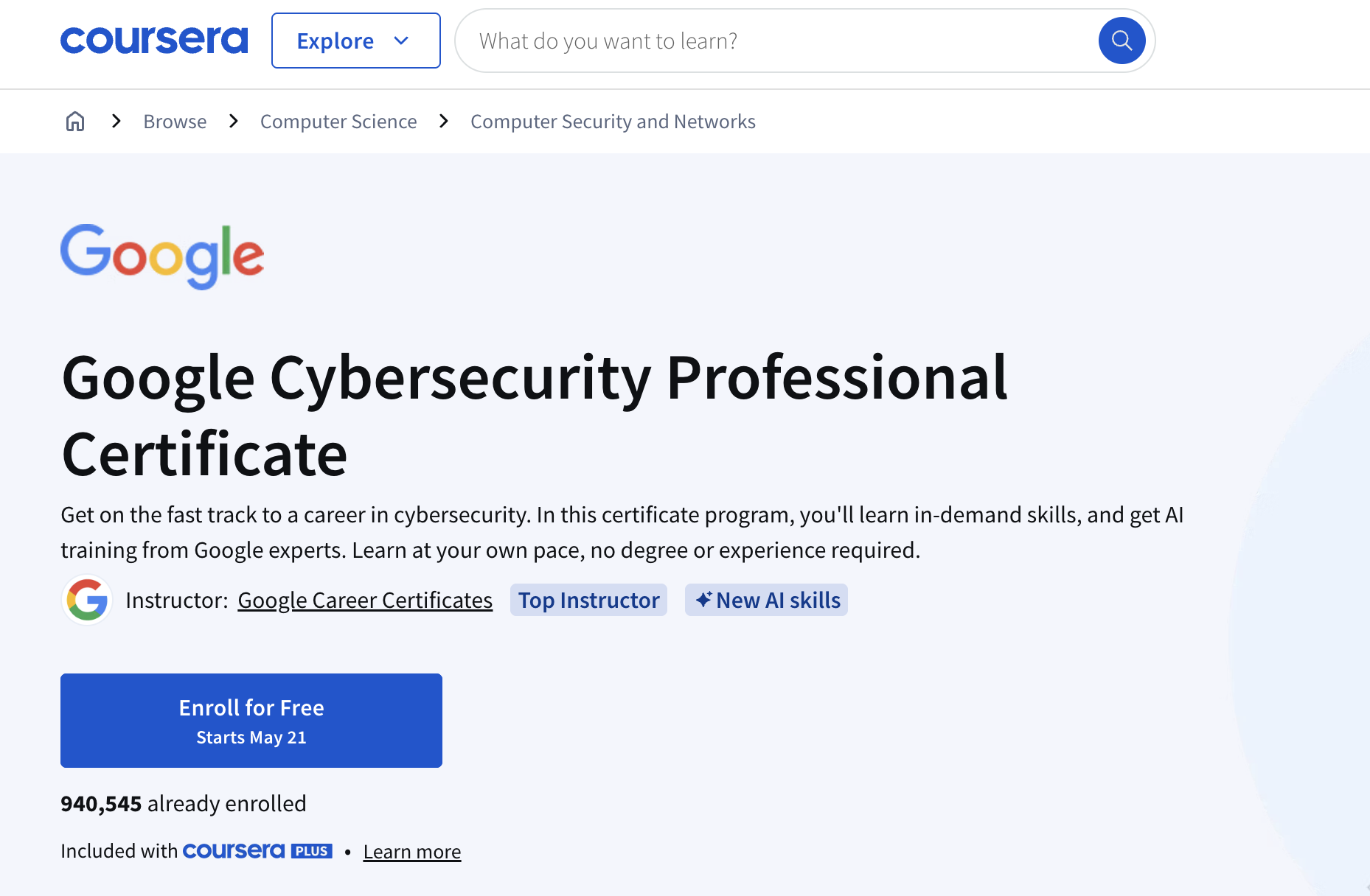 A screenshot of the Google Cyber Security Certificate page