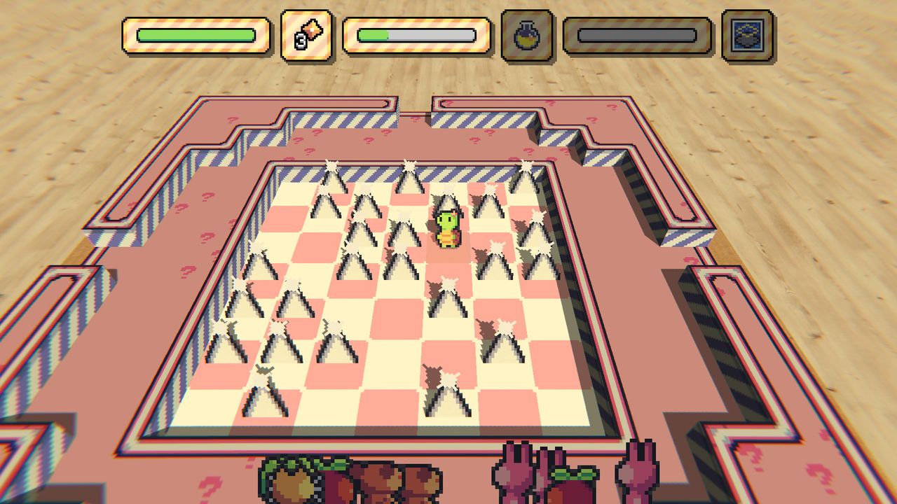 Turtle character in a bonus challenge area, avoiding obstacles on a pink and yellow checkerboard