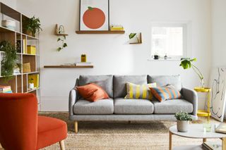 colorful living room with storage unit