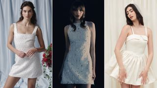 A collage of three women modeling short bridal dresses in a guide to bridal fashion