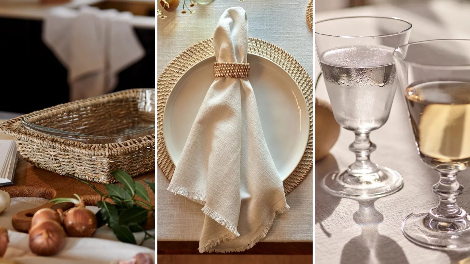 composite of three images showing TWC&#039;s farmhouse edit products baking dish, placemats and glasses