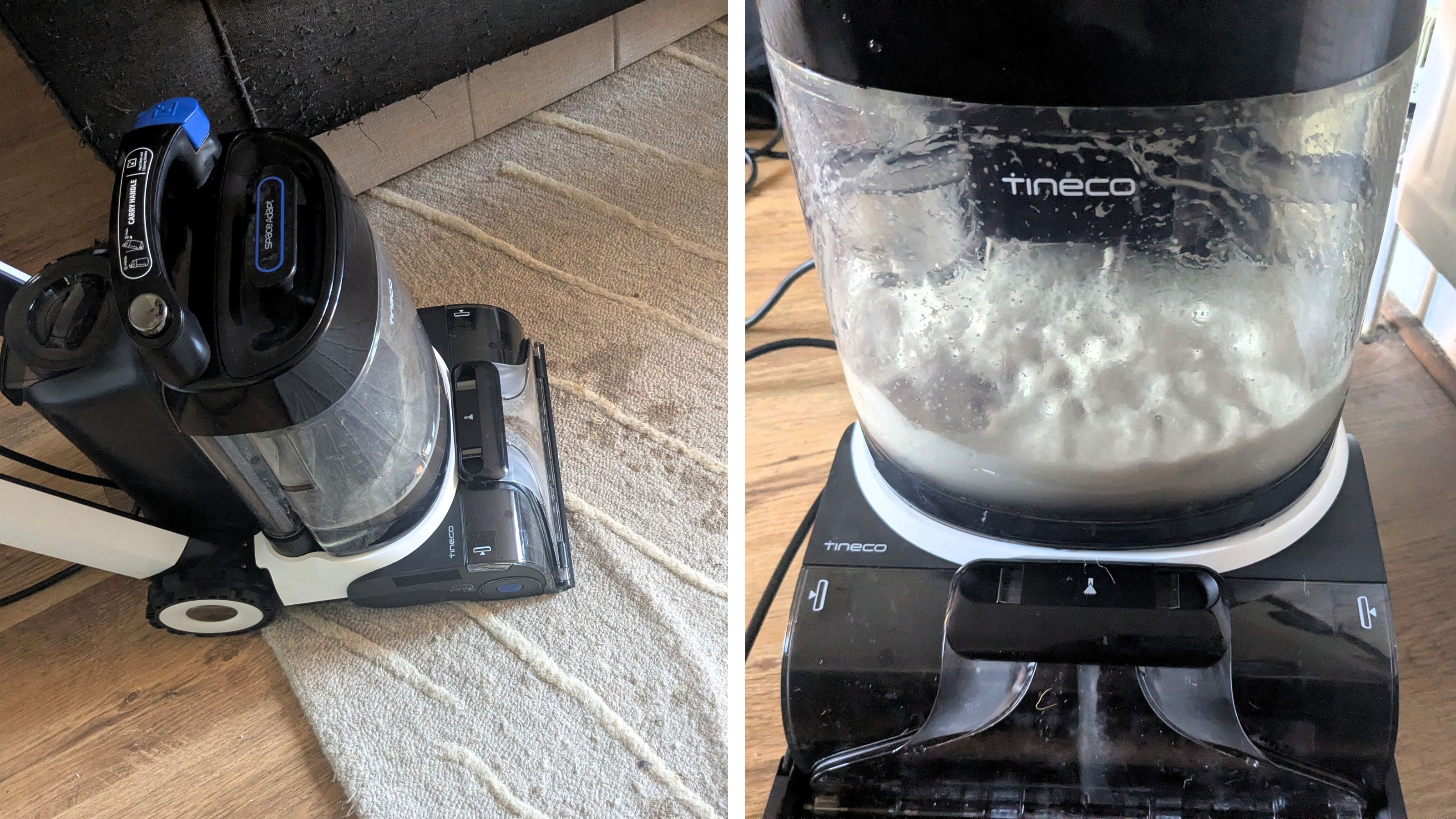 Side by side images of the tineco carpet cleaner cleaning a beige rug and a close-up of the dirty water tank