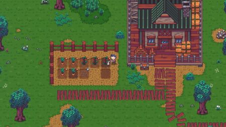 Screenshot from Emberville, showing a pixel art farm from top-down with a player character watering crops next to his home.