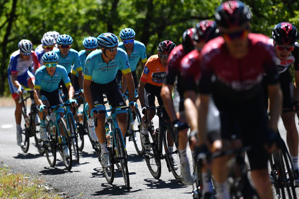ROCAMADOUR FRANCE AUGUST 04 Miguel ngel Lpez Moreno of Colombia and Astana Pro Team Omar Fraile Matarranz of Spain and Astana Pro Team Egan Bernal of Colombia and Team Ineos Orange Leader Jersey Peloton during the 44th La Route dOccitanie La Depeche du Midi 2020 Stage 4 a 195km stage from Lectoure to RocamadourCauvaldorLot 295m RouteOccitanie RDO2020 on August 04 2020 in Rocamadour France Photo by Justin SetterfieldGetty Images