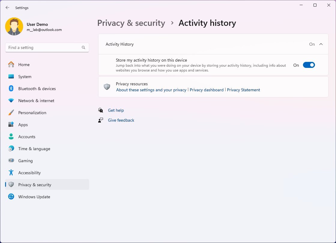 Activity history page