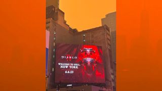Diablo IV New York Smog billboard; a game ad