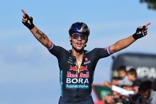 ALTO DE MONCALVILLO SPAIN SEPTEMBER 06 Primoz Roglic of Slovenia and Team Red Bull Bora hansgrohe celebrates at finish line as stage winner taking the lead of the race during the La Vuelta 79th Tour of Spain 2024 Stage 19 a 1735km stage from Logrono to Alto de Moncalvillo 1490m UCIWT on September 06 2024 in Alto de Moncalvillo Spain Photo by Tim de WaeleGetty Images