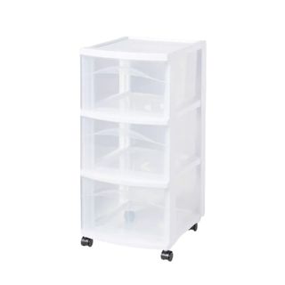 White plastic storage drawers on wheels
