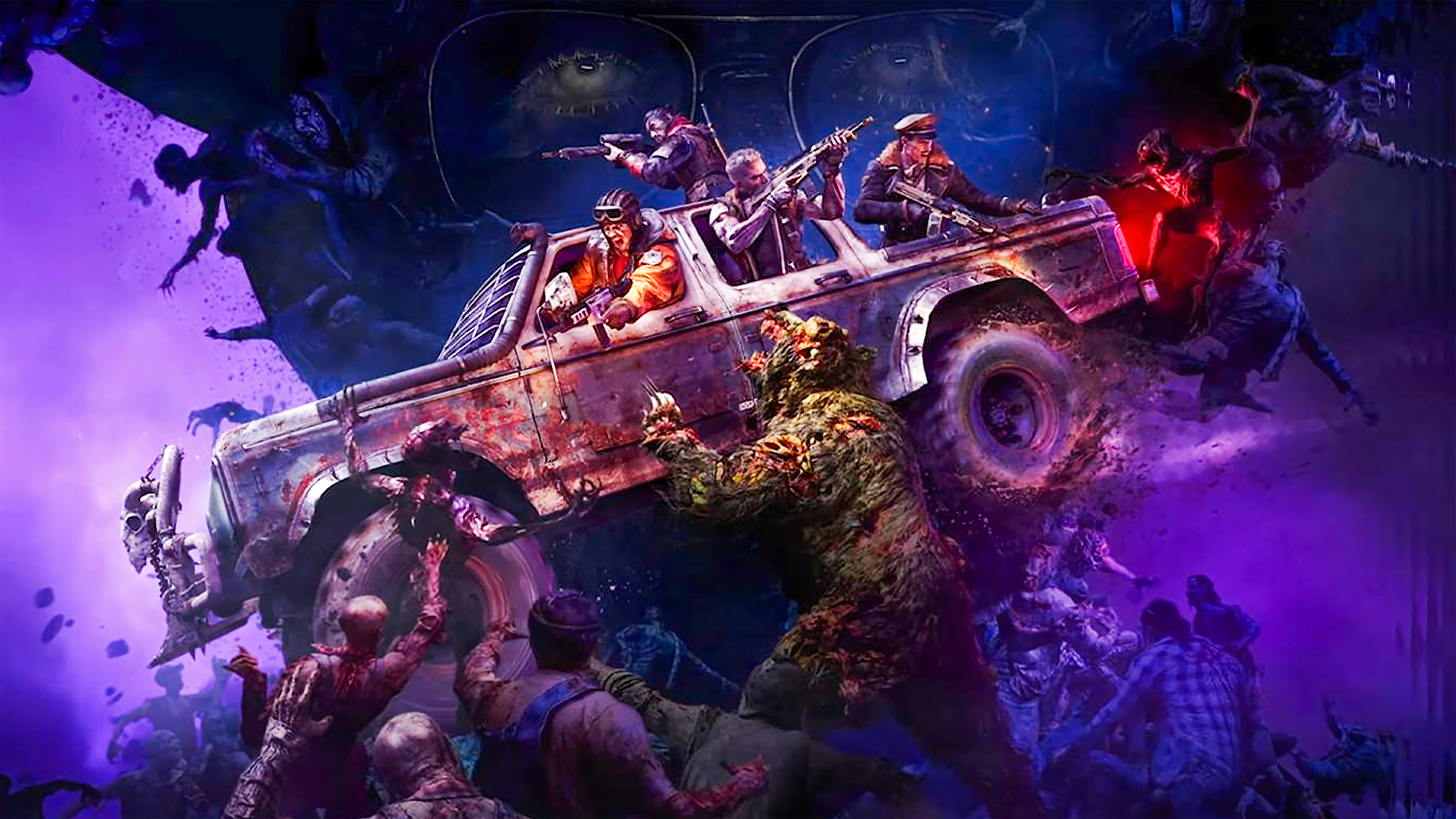 Promotional art for Call of Duty: Black Ops 7 depicting armed men in a suped up truck driving over zombies.