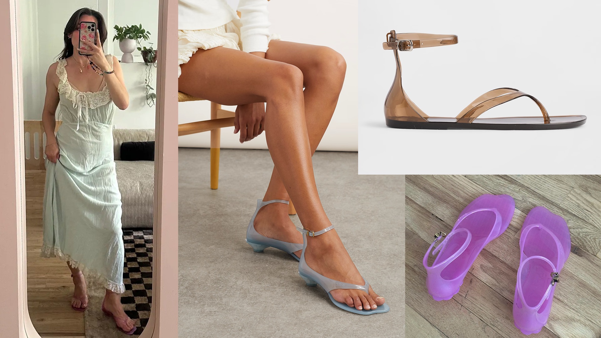 collage of fashion editor Tara Gonzalez poses for a mirror selfie wearing Chloe jelly TPU sandals, a Net-a-Porter model wearing blue jelly sandals, a pair of tan Gap jelly sandals, and pink Chloe sandals