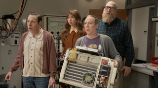 Barry, Denis, Stuart, and Bert looking shocked in The Big Bang Theory spin-off Stuart Fails to Save the Universe
