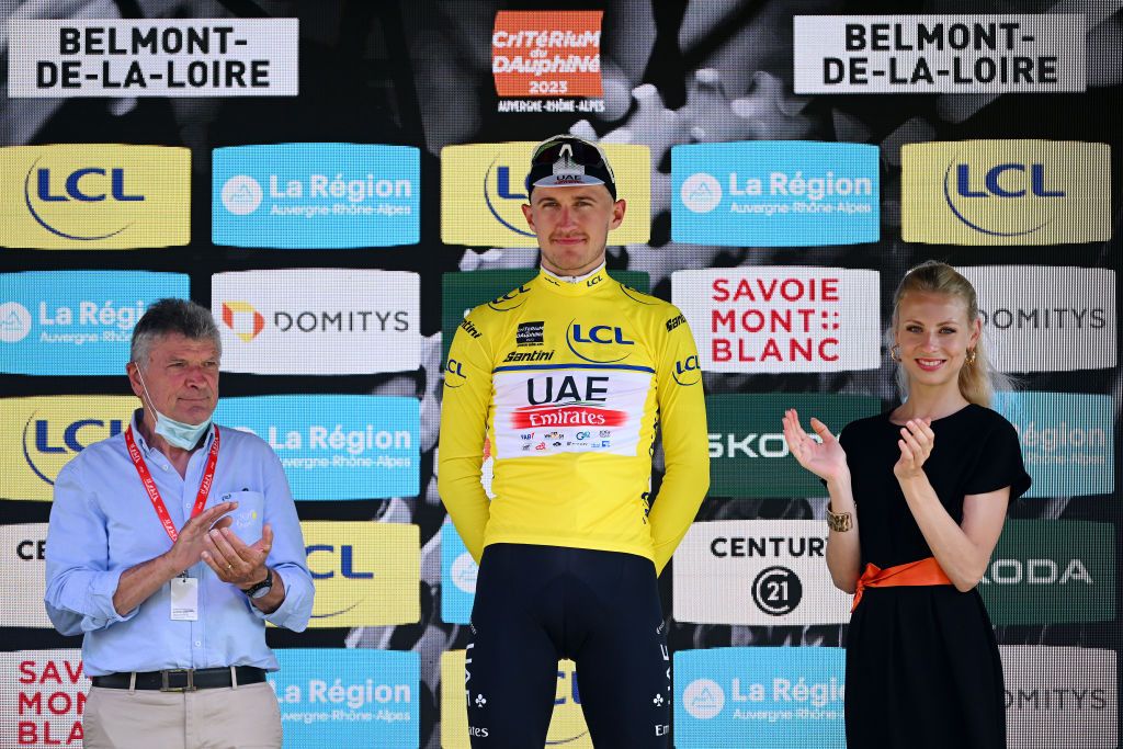 BELMONTDELALOIRE FRANCE JUNE 07 Mikkel Bjerg of Denmark and UAE Team Emirates celebrates at podium as Yellow leader jersey winner during the 75th Criterium du Dauphine 2023 Stage 4 individual time trial from Cours to BelmontdelaLoire 482m UCIWT on June 07 2023 in BelmontdelaLoire France Photo by Dario BelingheriGetty Images
