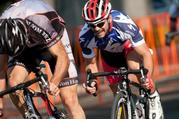 Dean LaBerge (Specialized Masters) launches his sprint shortly before the line to win the Masters race. LaBerge would later race the Pro Mens event with son James of the Specialized Juniors team.