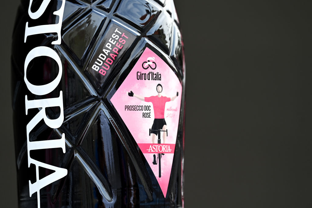 BUDAPEST HUNGARY  MAY 07 Champagne trophy detail view prior to the 105th Giro dItalia 2022 Stage 2 a 92km individual time trial stage from Budapest to Budapest  ITT  Giro  WorldTour  on May 07 2022 in Budapest Hungary Photo by Stuart FranklinGetty Images