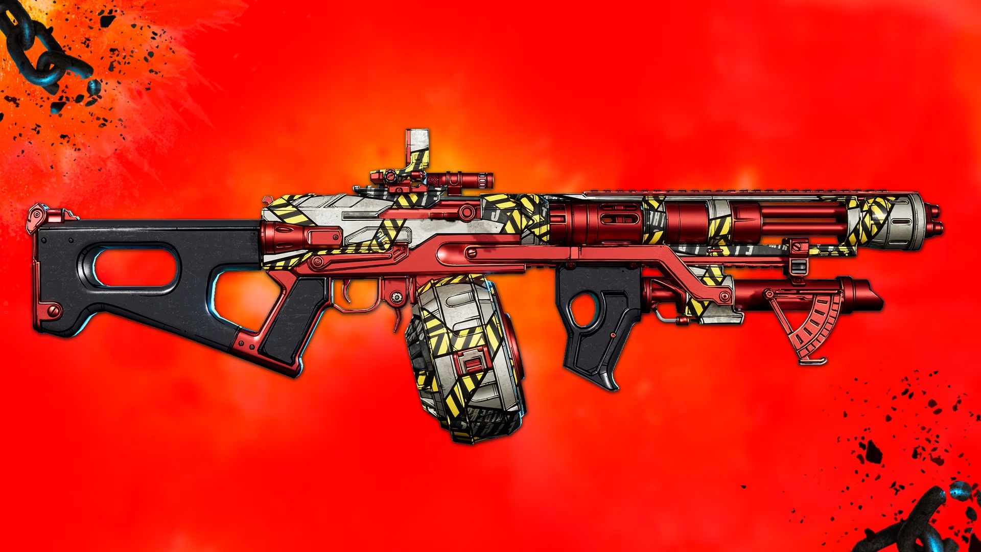 Promotional screenshot of the 'Hazard Pay' weapon skin in Borderlands 4.
