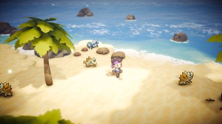 A person in a 2.5D pixel art-style walks down a beach with a crocodile-like monster following behind them. The screenshot is promotional material for the RPG Elestrals Awakened.