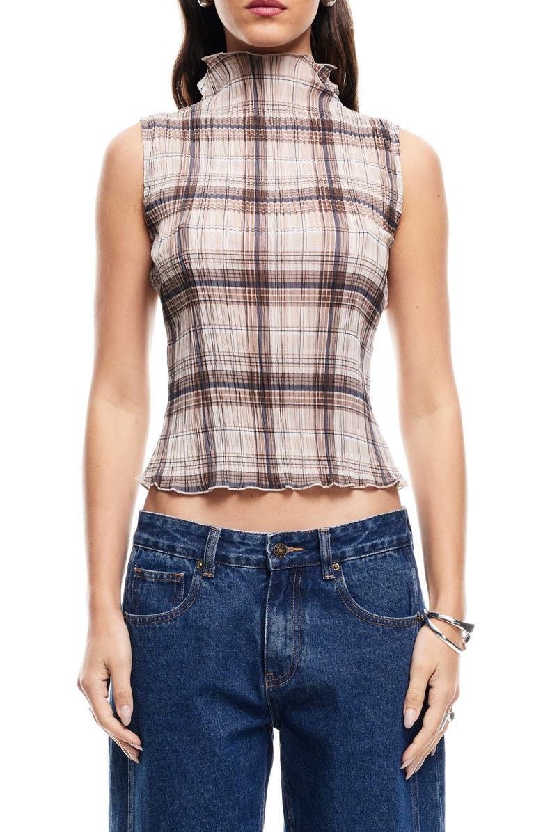 Ford Plaid Funnel Neck Plissé Top