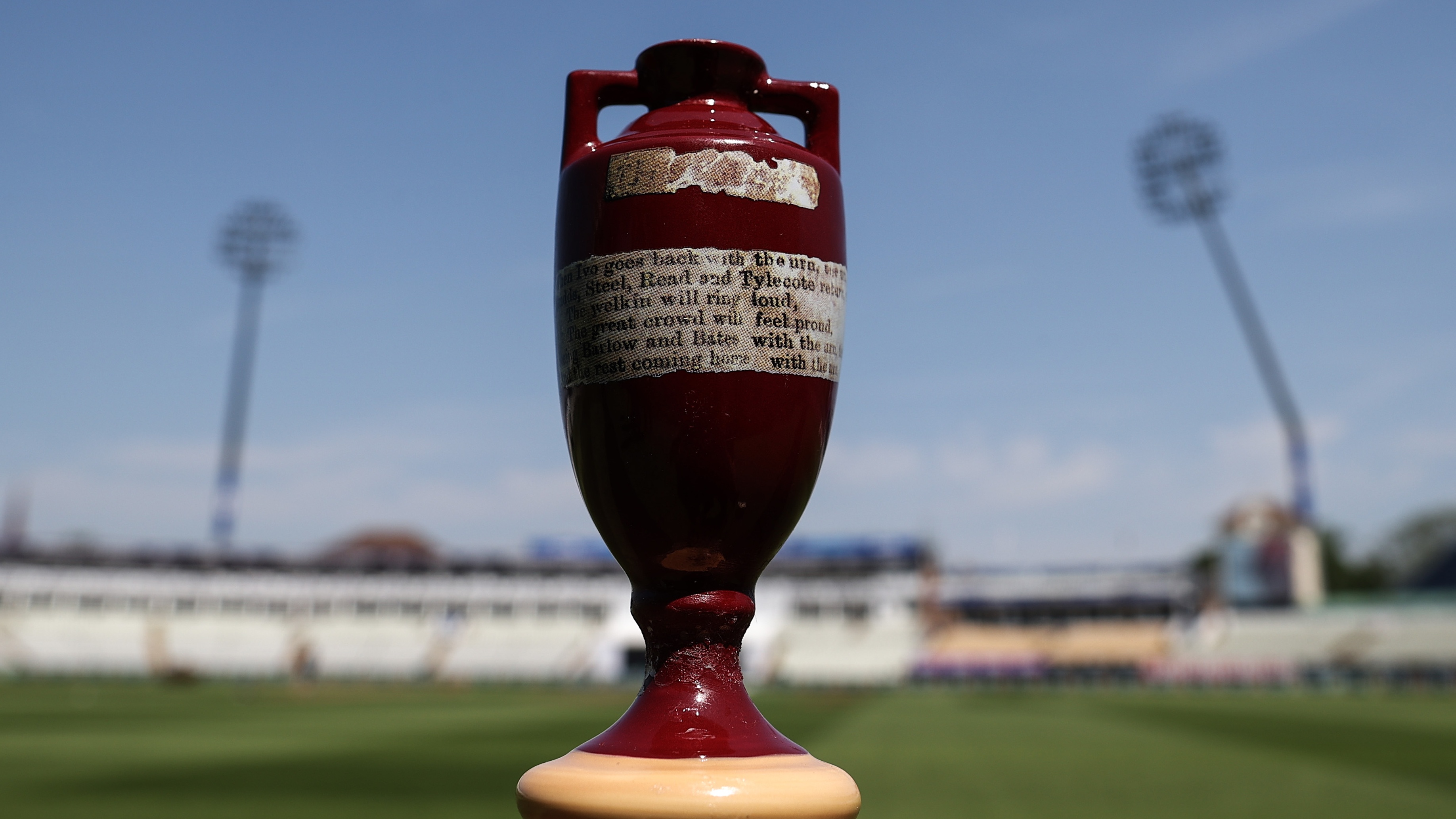 A replica Ashes Urn is photographed prior to an Australia nets session at Edgbaston on June 15, 2023 in Birmingham, England.