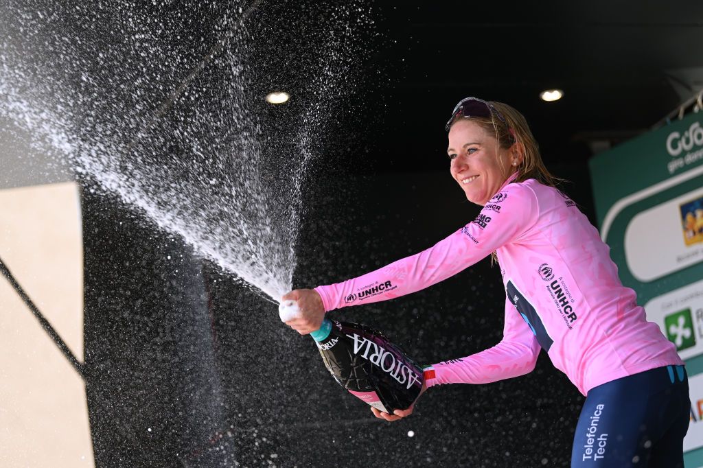 SAN LORENZO DORSINO ITALY JULY 09 Annemiek Van Vleuten of Netherlands and Movistar Team Pink Leader Jersey celebrates at podium during the 33rd Giro dItalia Donne 2022 Stage 9 a 1128km stage from San Michele AllAdige to San Lorenzo Dorsino 727m GiroDonne UCIWWT on July 09 2022 in San Lorenzo Dorsino Italy Photo by Dario BelingheriGetty Images