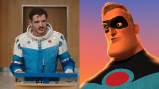 Reed Richards speaking at a podium in The Fantastic Four: First Steps and Mr. Incredible talking in The Incredibles. 