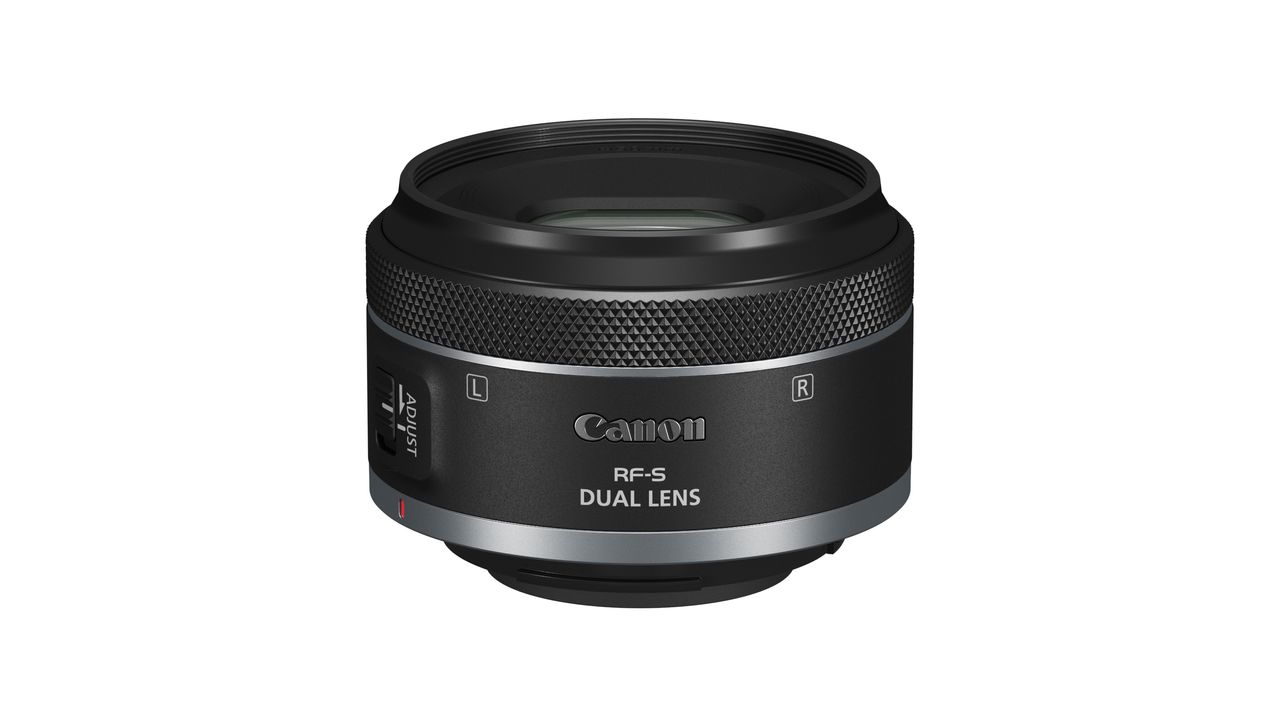 Canon RF-S 7.8mm f/4 STM Dual against a white background